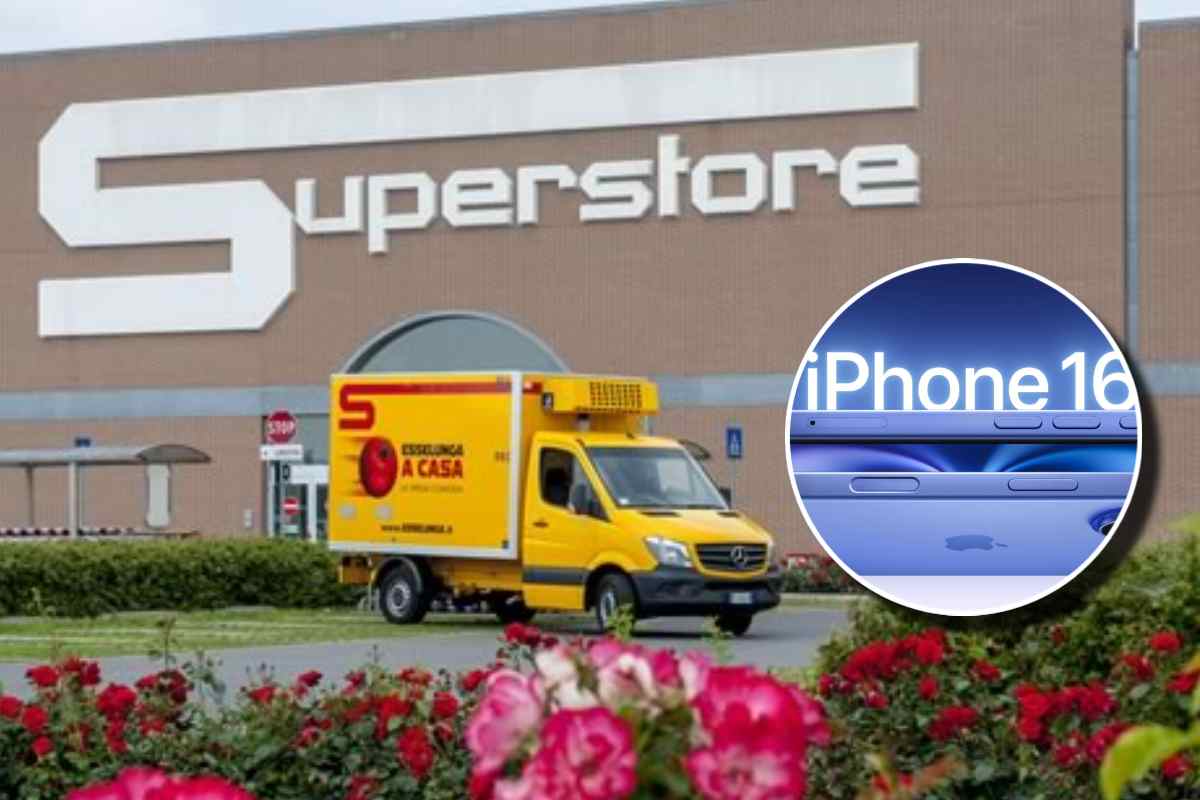 Un camion delle consegne di Esselunga fuori da un supermercato Superstore e in evidenza un iPhone 16