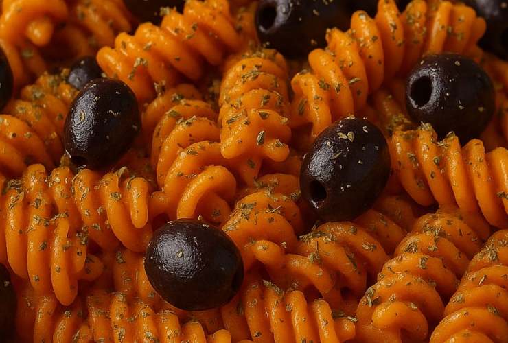 primo piano pasta cremosa ai peperoni e robiola