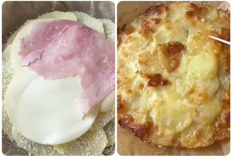 millefoglie salata con patate, prosciutto e scamorza- millefoglie cotta 