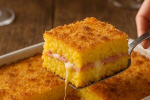 Timballo di riso allo zafferano ripieno di prosciutto e provola (illustrazione)