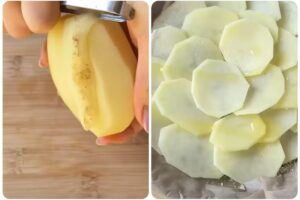 patata sbucciata e tagliate a rondelle in teglia