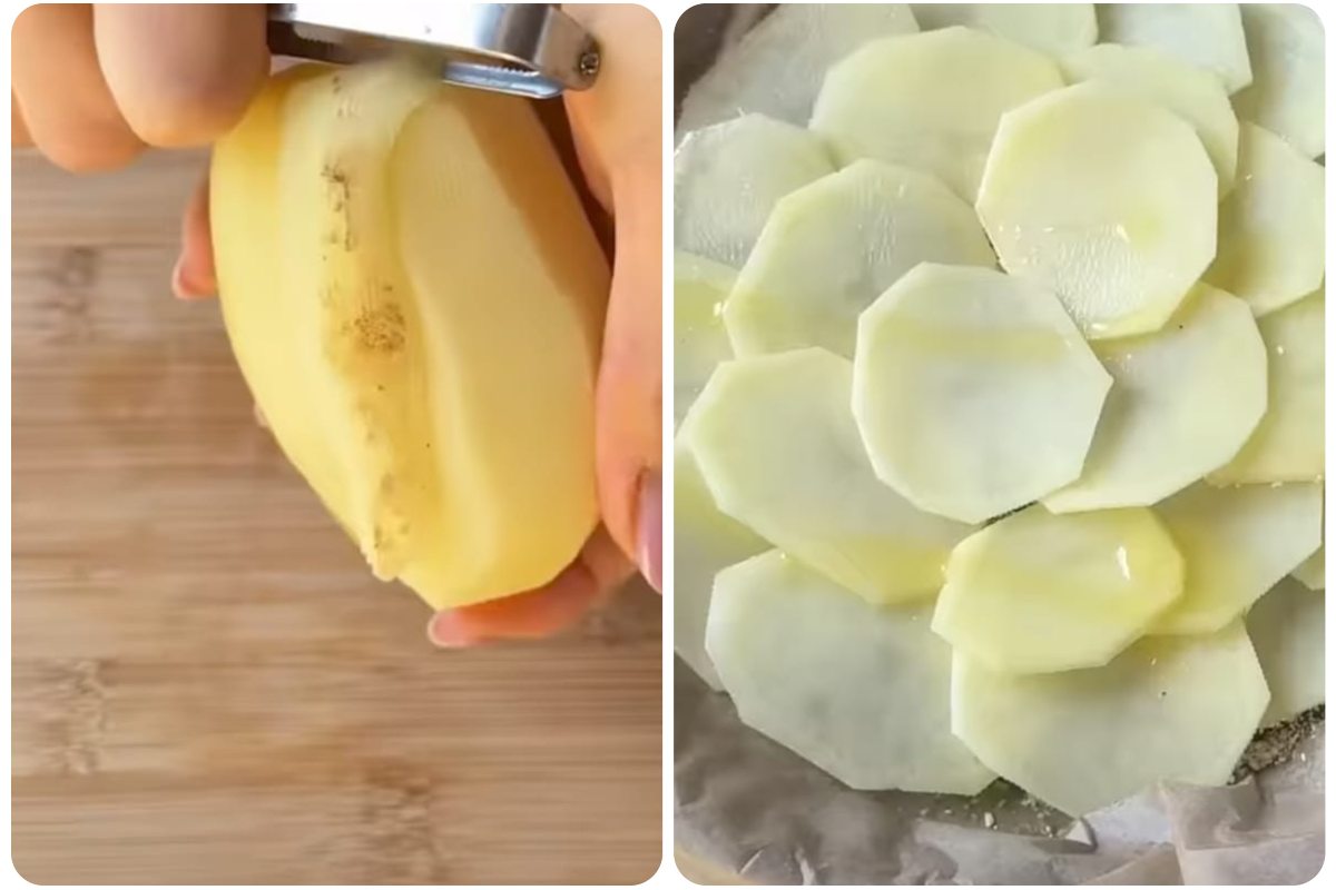 patata sbucciata e tagliate a rondelle in teglia