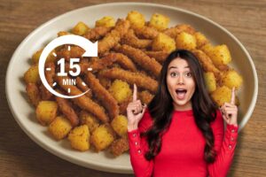 Patate e carne sullo sfondo e ragazza che indica il piatto in primo piano. Logo timer 15 minuti