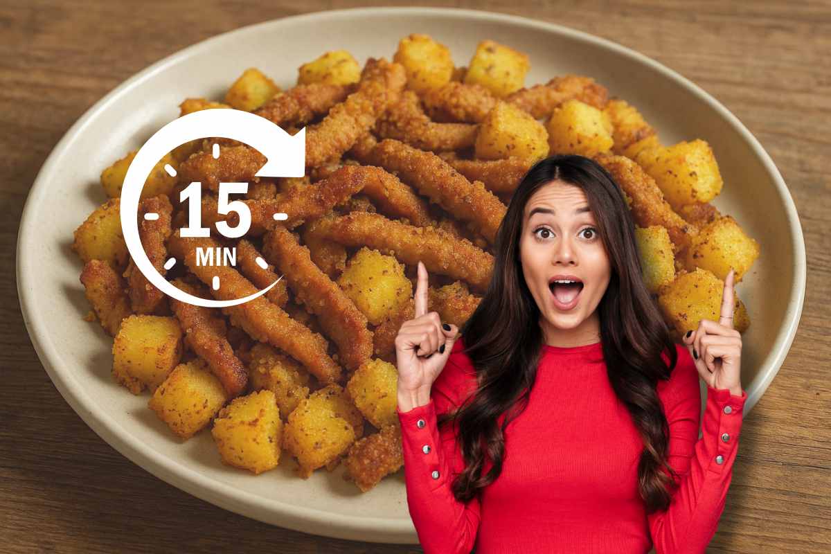 Patate e carne sullo sfondo e ragazza che indica il piatto in primo piano. Logo timer 15 minuti