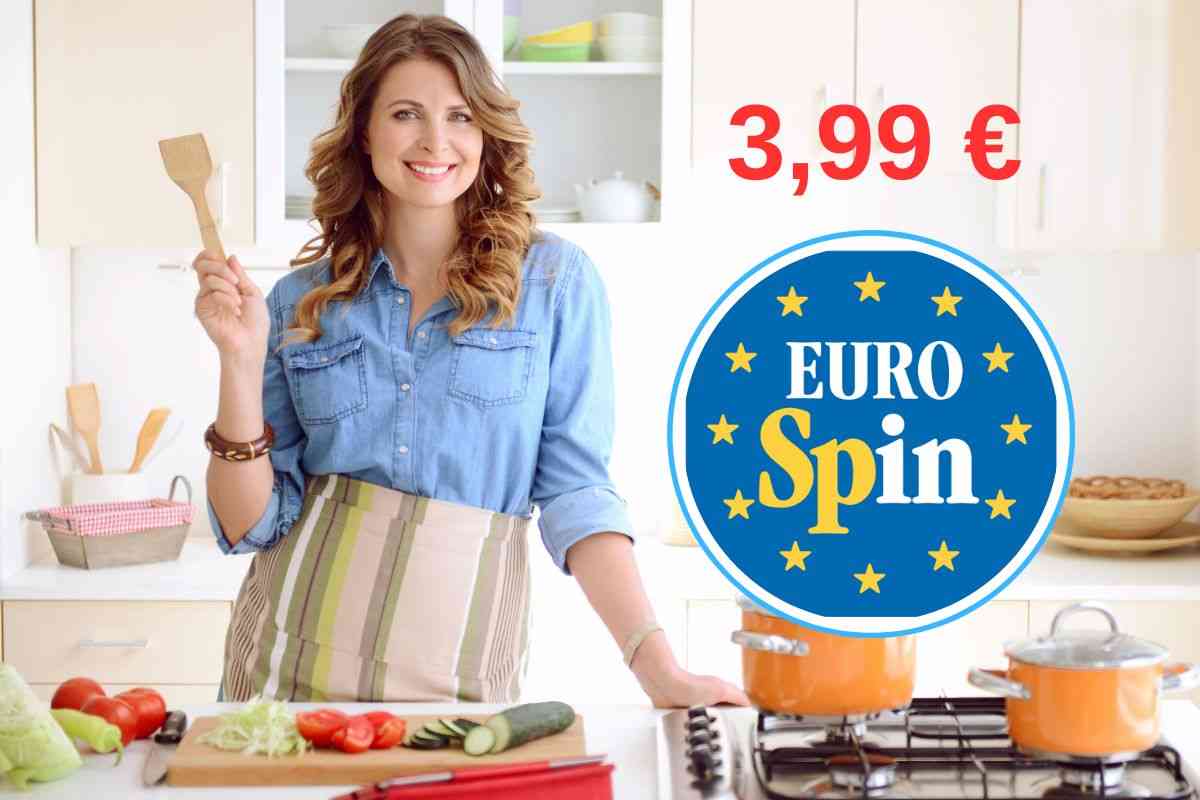 donna sorridente in cucina, logo eurospin e prezzo 3.99 euro