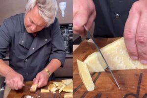 Andrea Mainardi con in mano un coltello