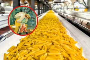 Pasta prodotta in azienda e in evidenza il vecchio logo della Barilla