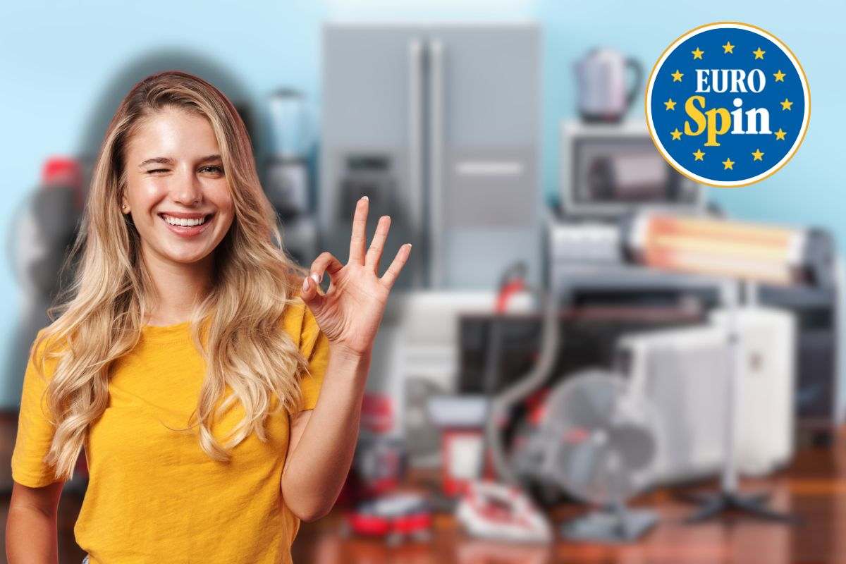 elettrodomestici sullo sfondo, donna sorridente che fa ok con le mani e logo eurospin