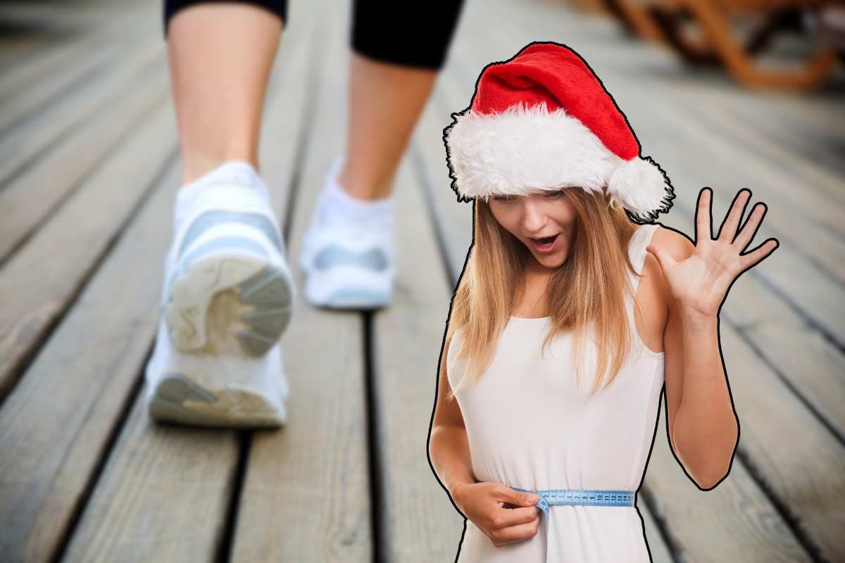 ragazza con cappello natalizio e piedi sullo sfondo