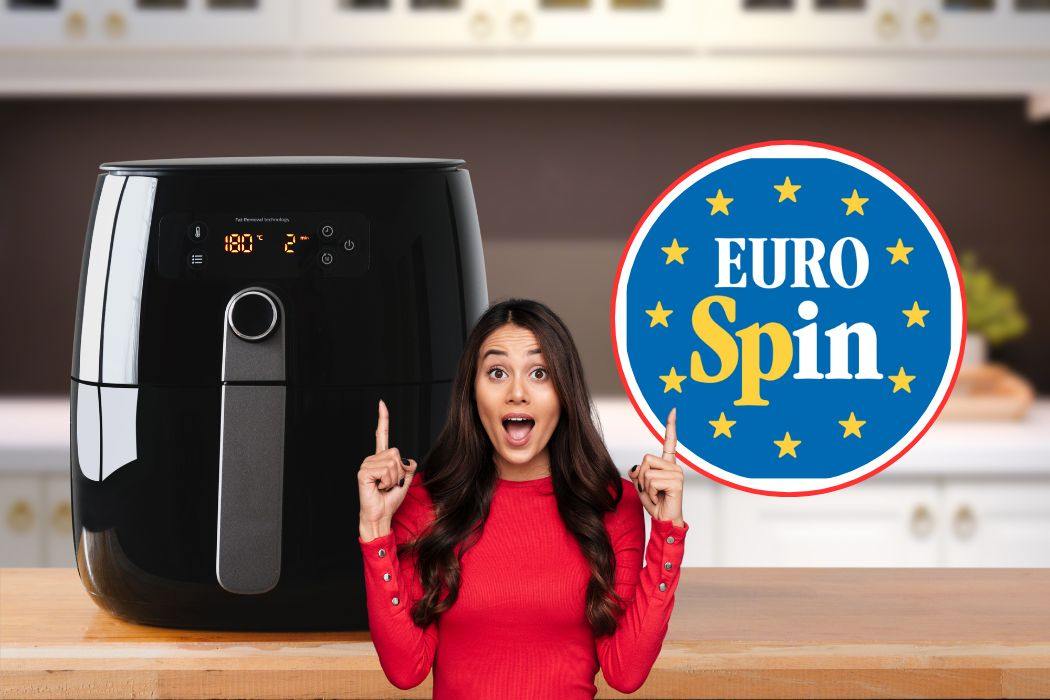 friggitrice ad aria in cucina, logo eurospin e donna stupita