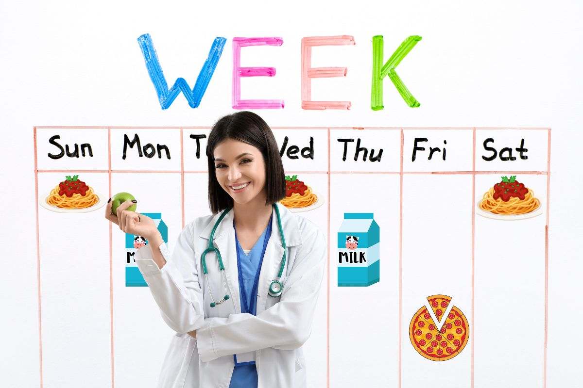 nutrizionista sorridente con alle spalle programma settimanale e icone di pasta, latte e pizza