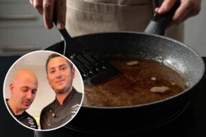 olio della frittura in padella e chef nel riquadro