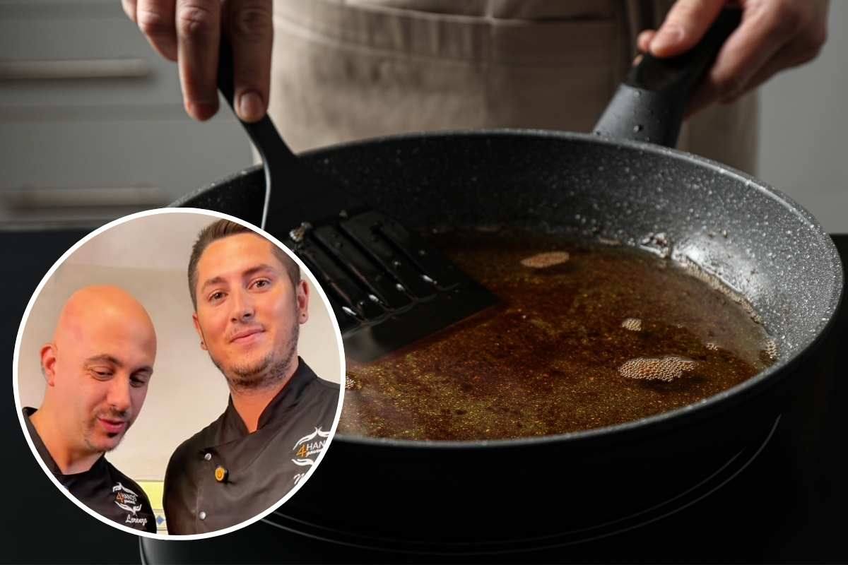 olio della frittura in padella e chef nel riquadro