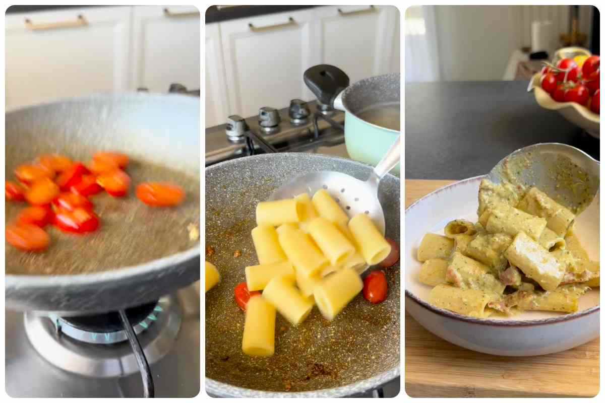 preparazione pasta con burrata e speck