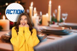 tavola di natale, donna sorpresa e logo action in icona