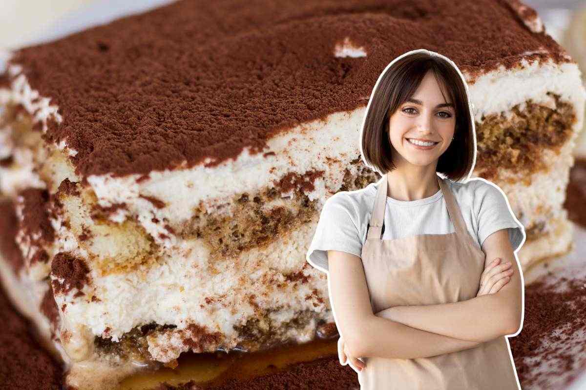 pezzo di tiramisù e donna con il grembiule