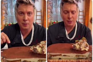 andrea mainardi mostra suo tiramisù con panettone