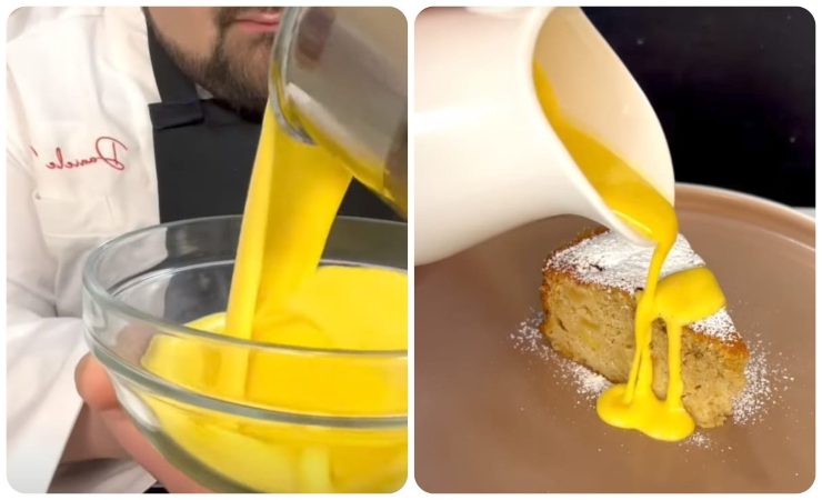 crema inglese in ciotola- torta di mele accompagnata da crema inglese