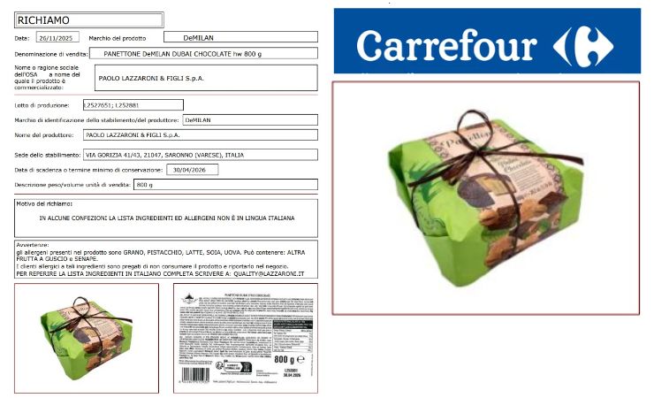 Richiamo alimentare panettone Dubai