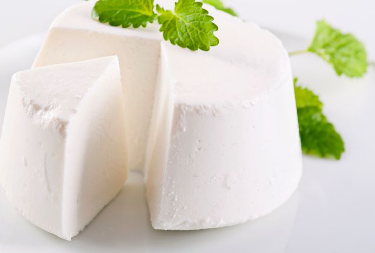 ricotta fresca in piatto con foglie di menta