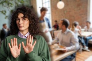 persone sedute al ristorante e una donna che fa stop con le mani