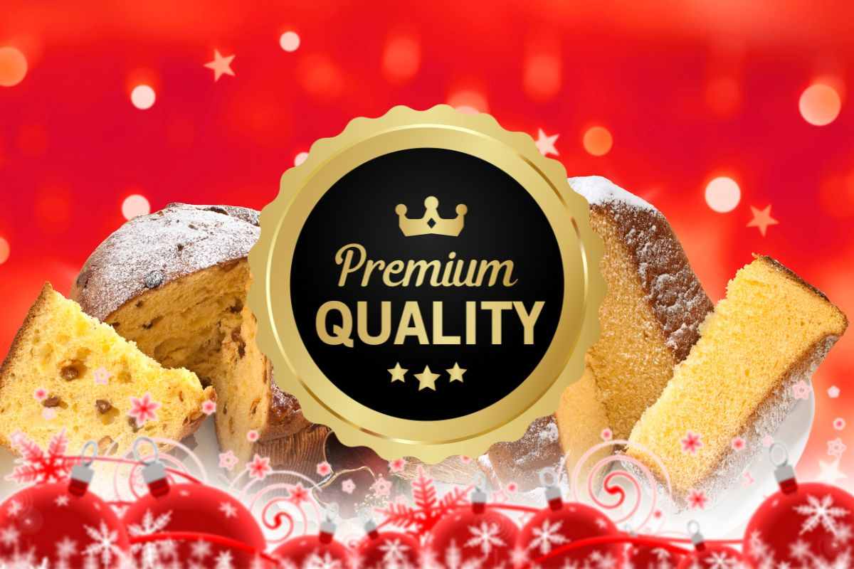 pandoro e panettone come sfondo e in primo pianto etichetta che indica buona qualità