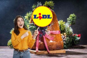 donna stupita che indica pandoro con marchio lidl