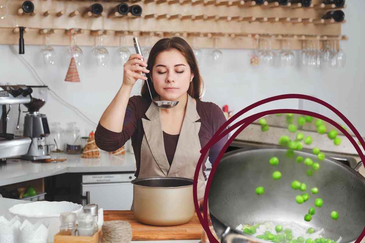 donna cucina pasta e piselli 