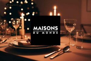 elegante tavola apparecchiata e logo di maisons du monde