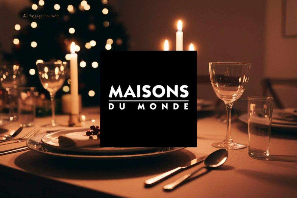 elegante tavola apparecchiata e logo di maisons du monde