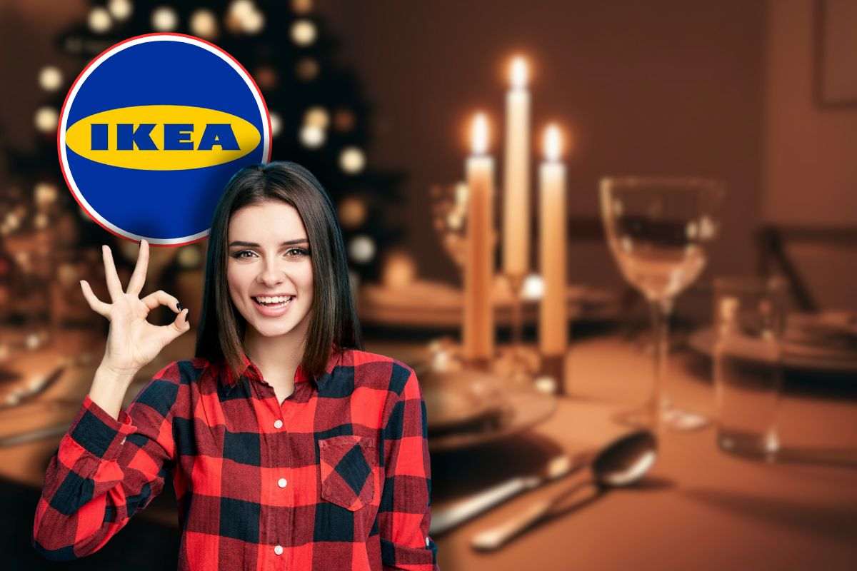 tavola di natale, logo ikea e donna che fa ok