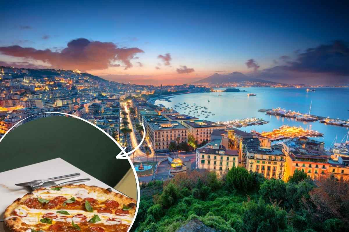pizza napoletana con la città sullo sfondo