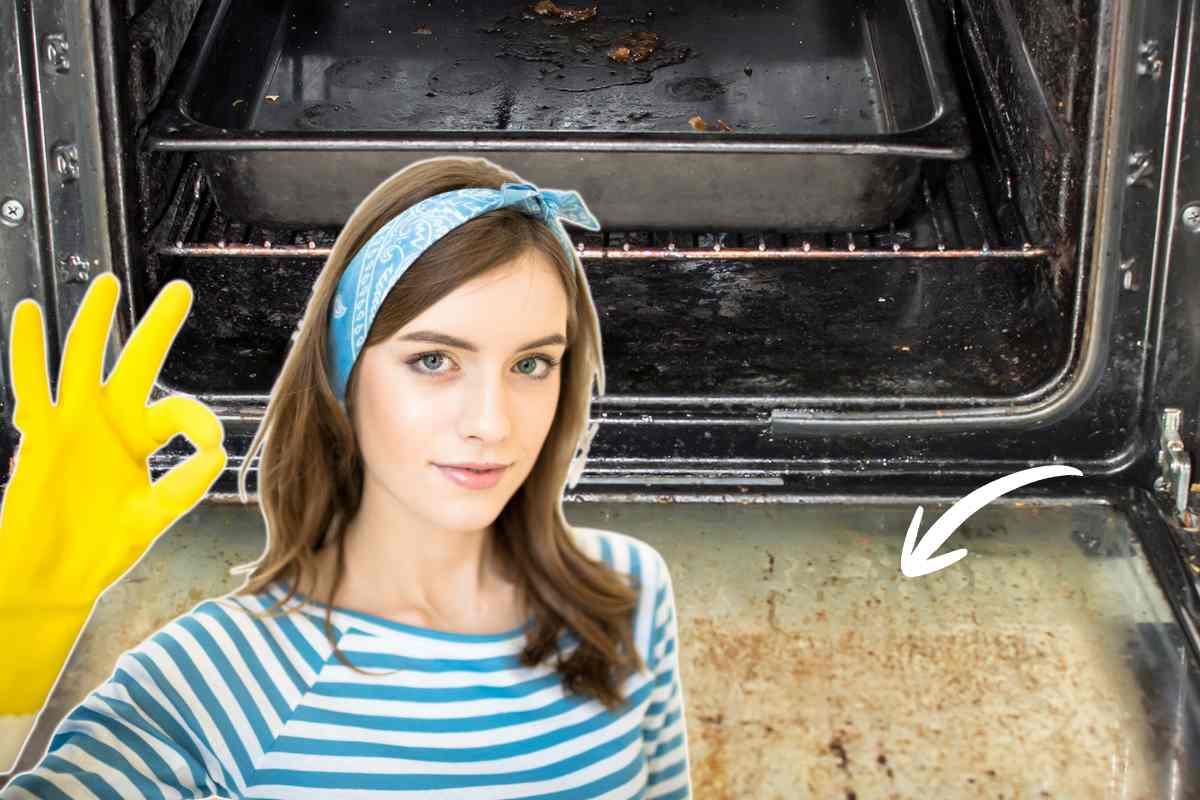 donna che pulisce forno sporco