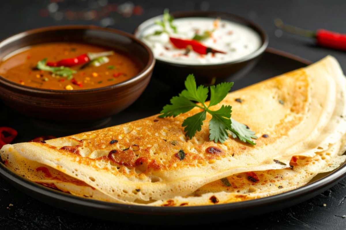 crepes salata in piatto con salse